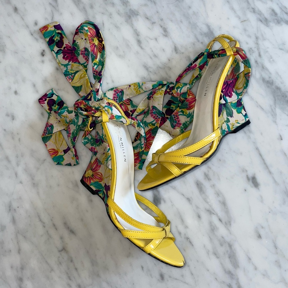 Karen Millen Yellow Patent Leather Floral Strappy Wedge Sandals